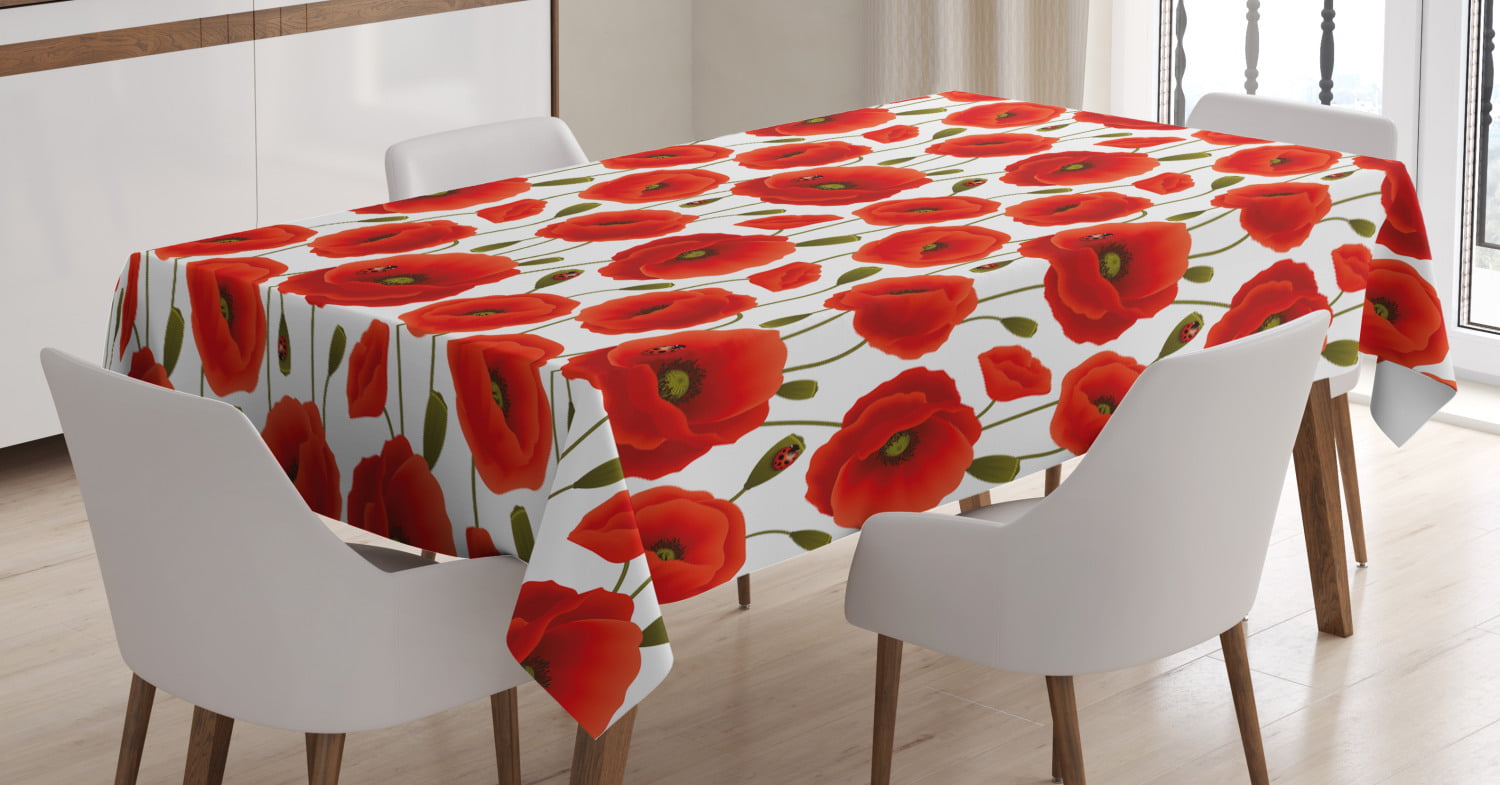 AGONA Square Tablecloth Red Poppy Flower Floral Butterfly Tablecloths Round 60x60 Polyester Washable Table Cover Wrinkle Free Anti-Fading Table Cloth for Picnic Kitchen Dinning Tabletop Decoration