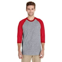 Gildan Men 3/4 Sleeve Raglan T-Shirt, Three-Quarter Tee - Heavy Cotton Sport Grey/Red, Sizes S-3XL, Baseball Shirt