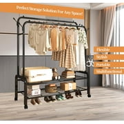 Fybee Heavy Duty Rolling Clothing Rack, Adjustable Double Rod Garment Organizer with 2 Shelves & Hooks, Mobile Wardrobe for Bedroom/Closet, Black