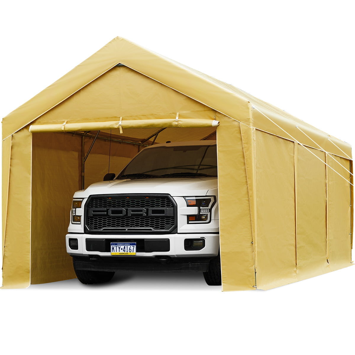 Finfree 10 X 20 Ft Steel Carport Car Canopy With Sidewall And Door 4 Sandbags Beige