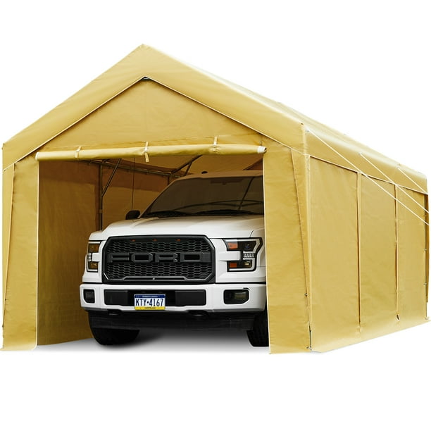 FINFREE 10 x 20 ft Steel Carport Car Canopy with Sidewall & Door , 4 Sandbags Beige