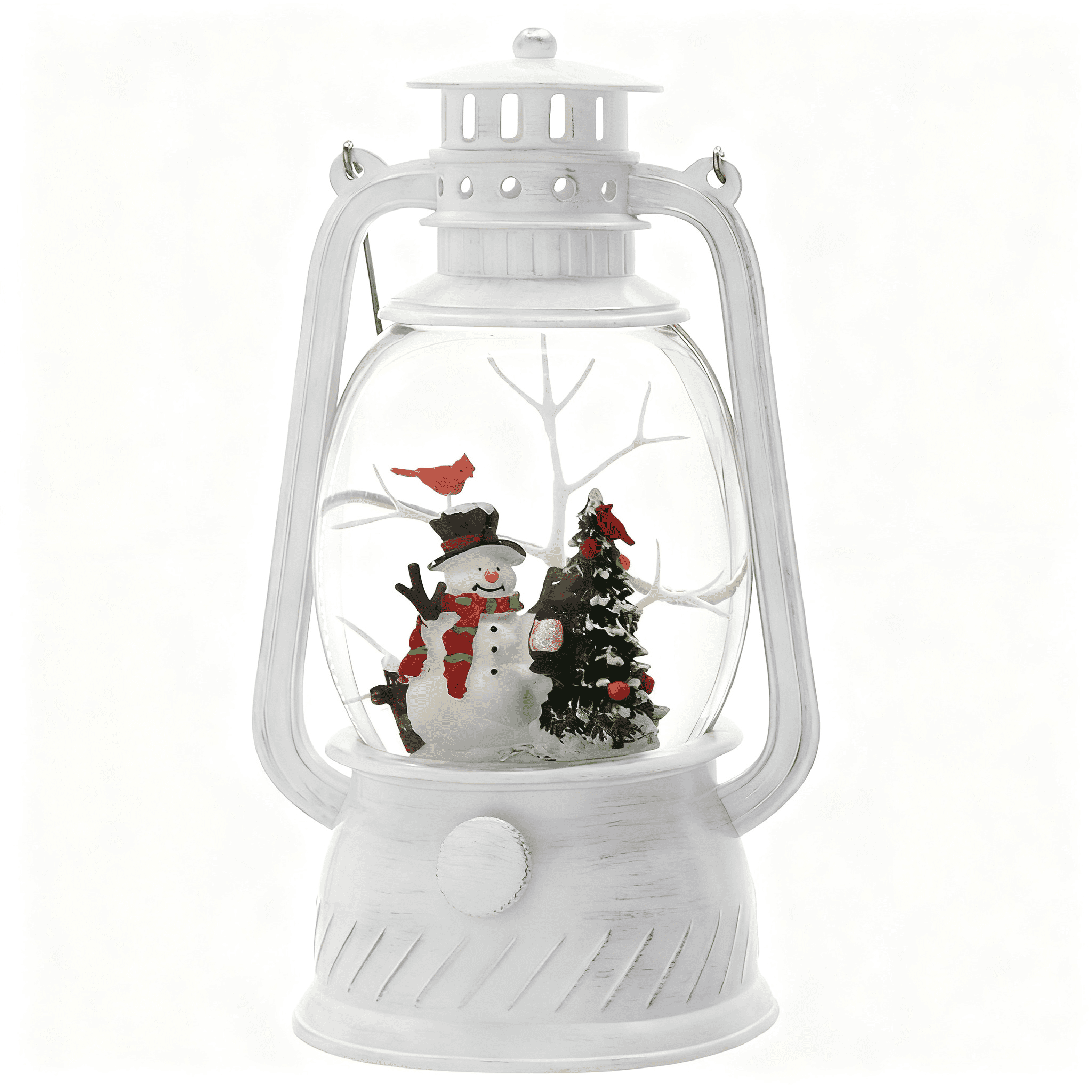 Lighted White Spinning Lantern Christmas Decor with Snowman and Tree 6 Hour Timer Plastic Polyresin Tabletop Holiday Accent