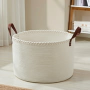 XLarge Round Cotton Rope Storage Basket Bin Organizer Laundry Hamper with Leather Handles, 21 x 21 x 14, Extra Large Blanket Woven Toy Basket for Baby Nursery - Cream