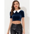thumbnail image 2 of Unique Bargains Haut Court en Velours à Manches Courtes Col Contrastant pour Femmes Bleu Foncé TP, 2 of 5