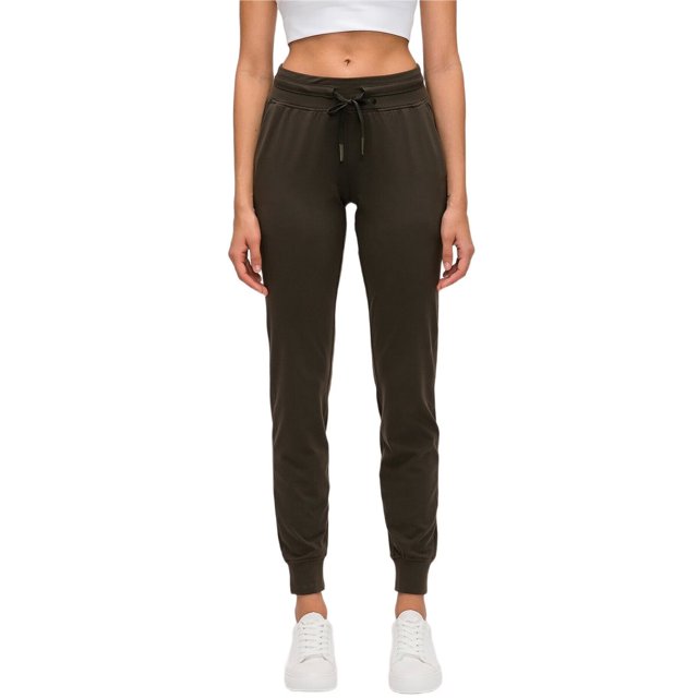 Pantalones de Yoga de Cintura Alta para Mujer con Puños Ajustables con Cordón y Bolsillos, Ideales para Correr o Hacer Ejercicio. Verde Oscuro L