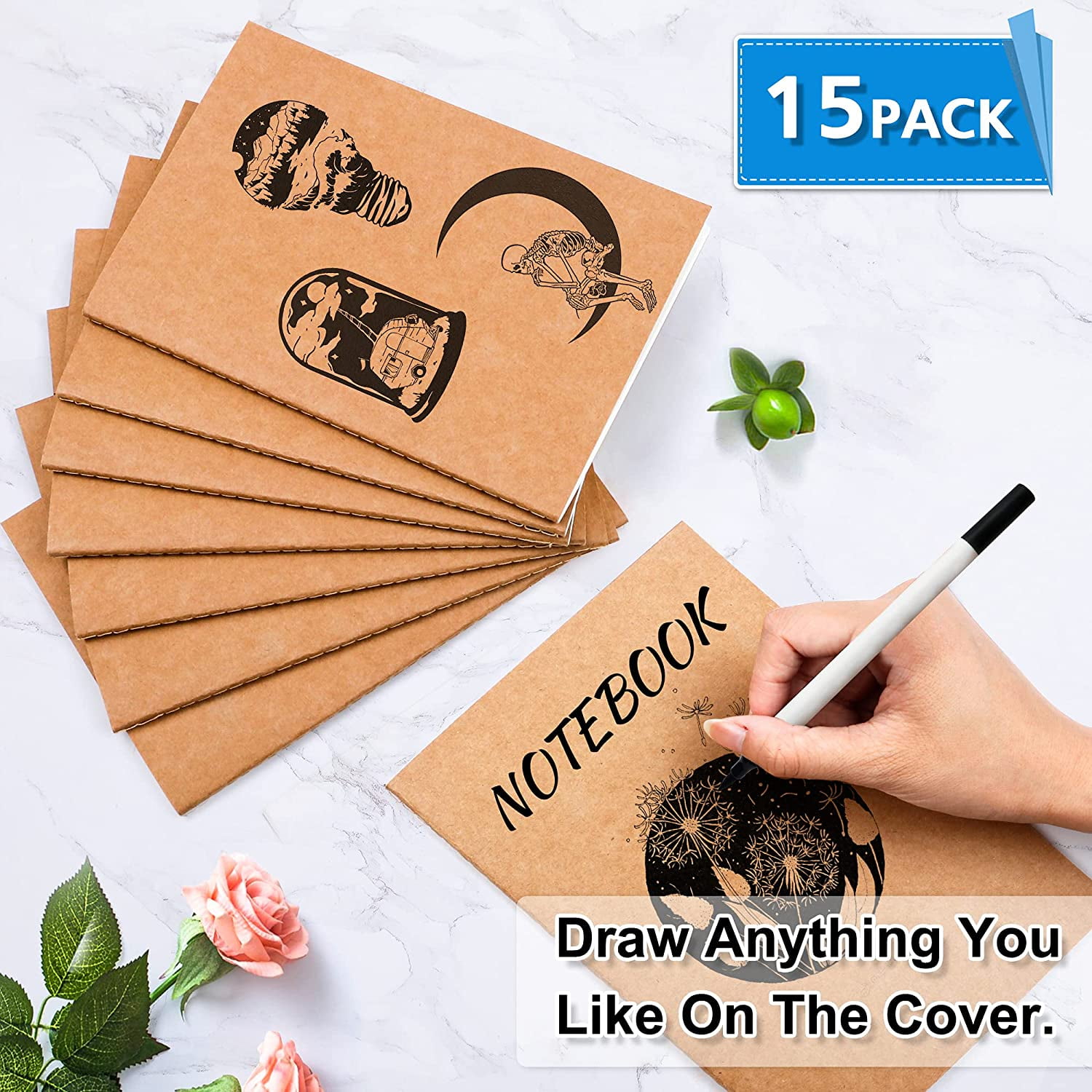Feela 15 Pack A5 Kraft Notebooks, 60 Lined Blank Pages Travel Journal Bulk, Soft Cover Notebooks, Making Plans Writing Memo, 8.3 X 5.5 in