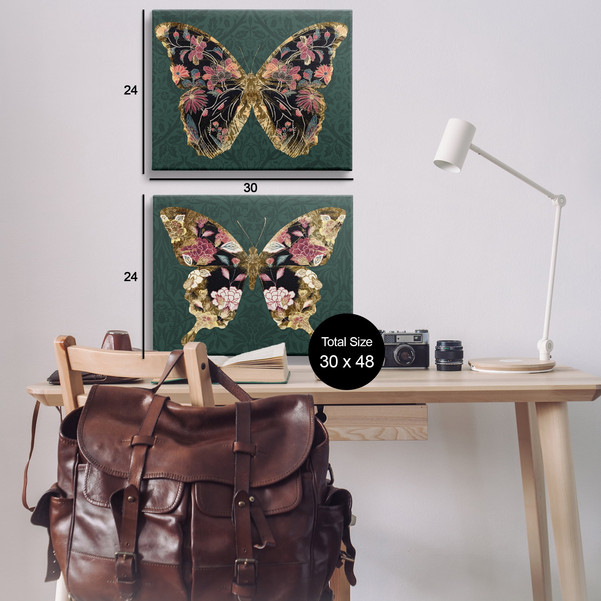 Stupell Industries Gold Black Floral Butterfly Animals Painting Wrapped Canvas Art Print Wall Art, 30 x 24, Set of 2