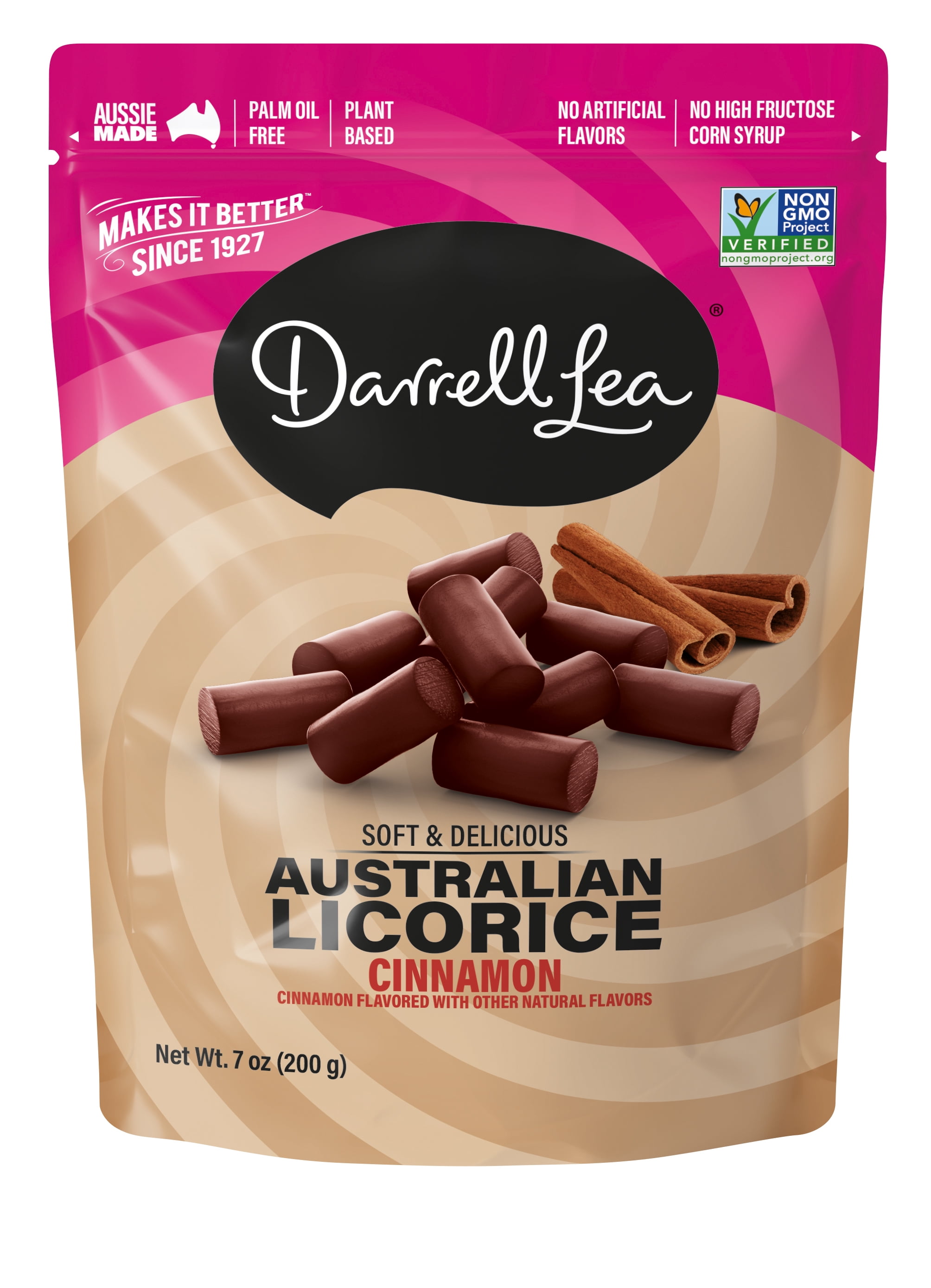 Darrell Lea Soft Australian Licorice, Non-GMO, No Palm Oil, Plant Based, No High Fructose Corn Syrup, Soft & Chewy Licorice Candy, Made in Australia, Cinnamon (7 Ounce (Pack of 8))