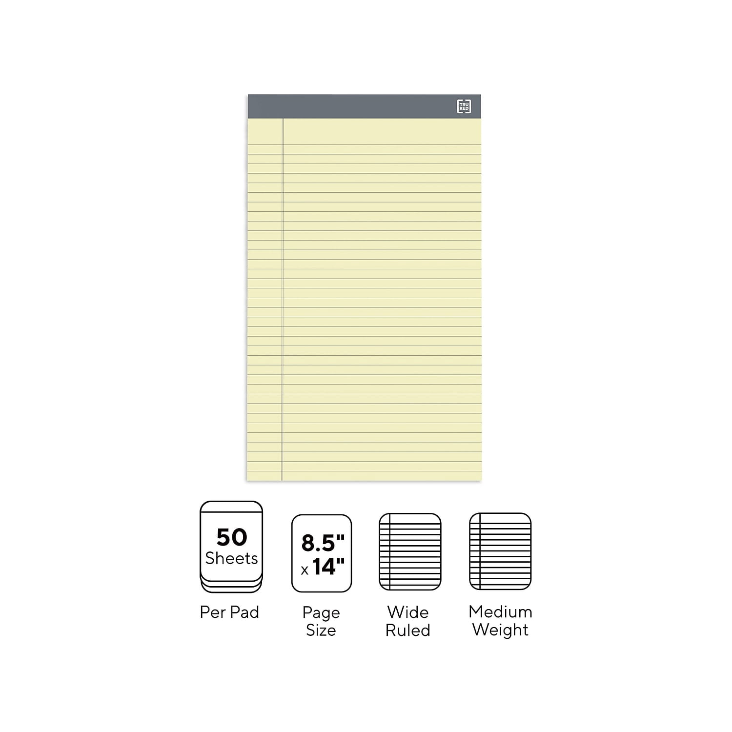 Staples TRU RED Notepads 8.5" x 14" Wide Ruled Canary 50 Sheets/Pad 24/Carton TR59915/TR573VS