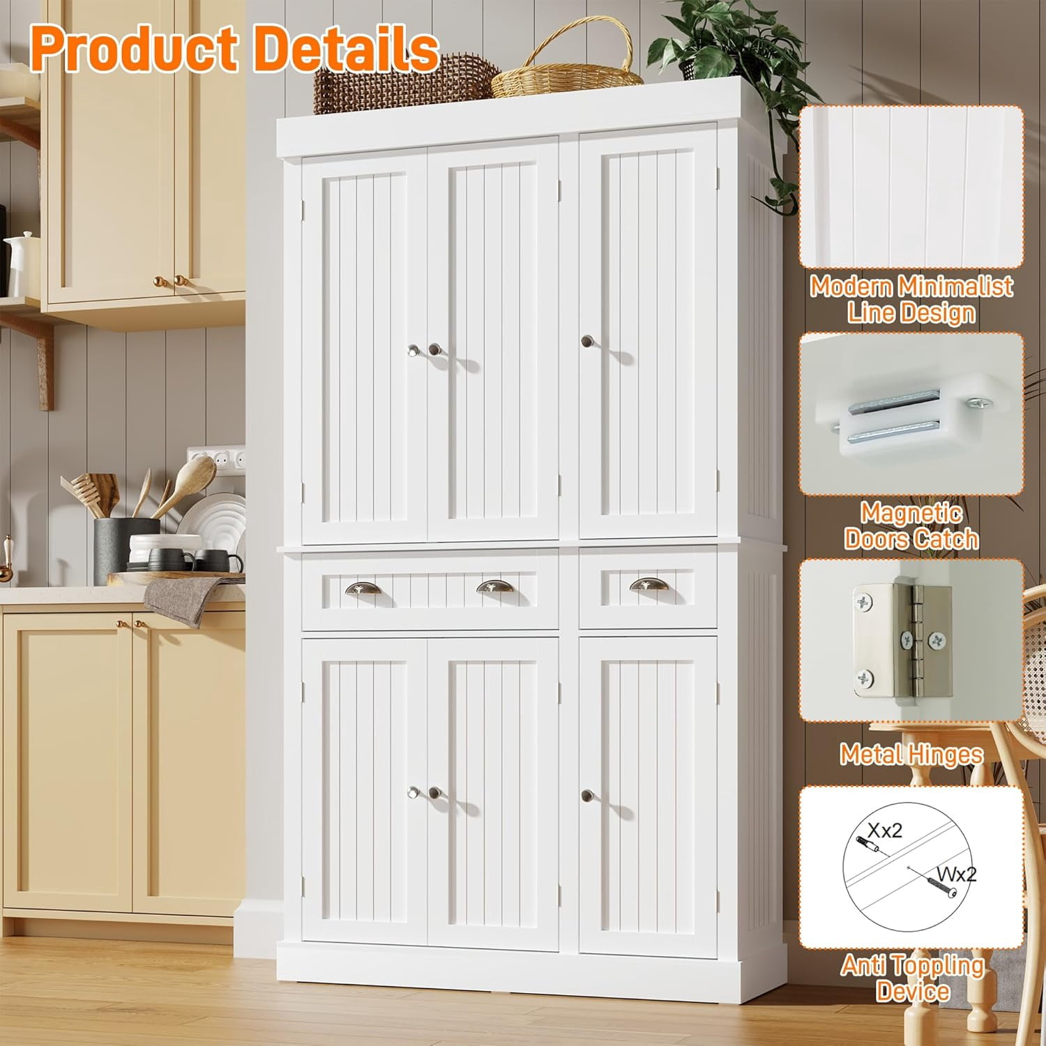 ChVans 71" Tall Kitchen Pantry with 6 Doors, Storage Cabinet with 2 Large Drawer 6 Hanging Shelves, Freestanding Cupboard for Dining Room Living Room