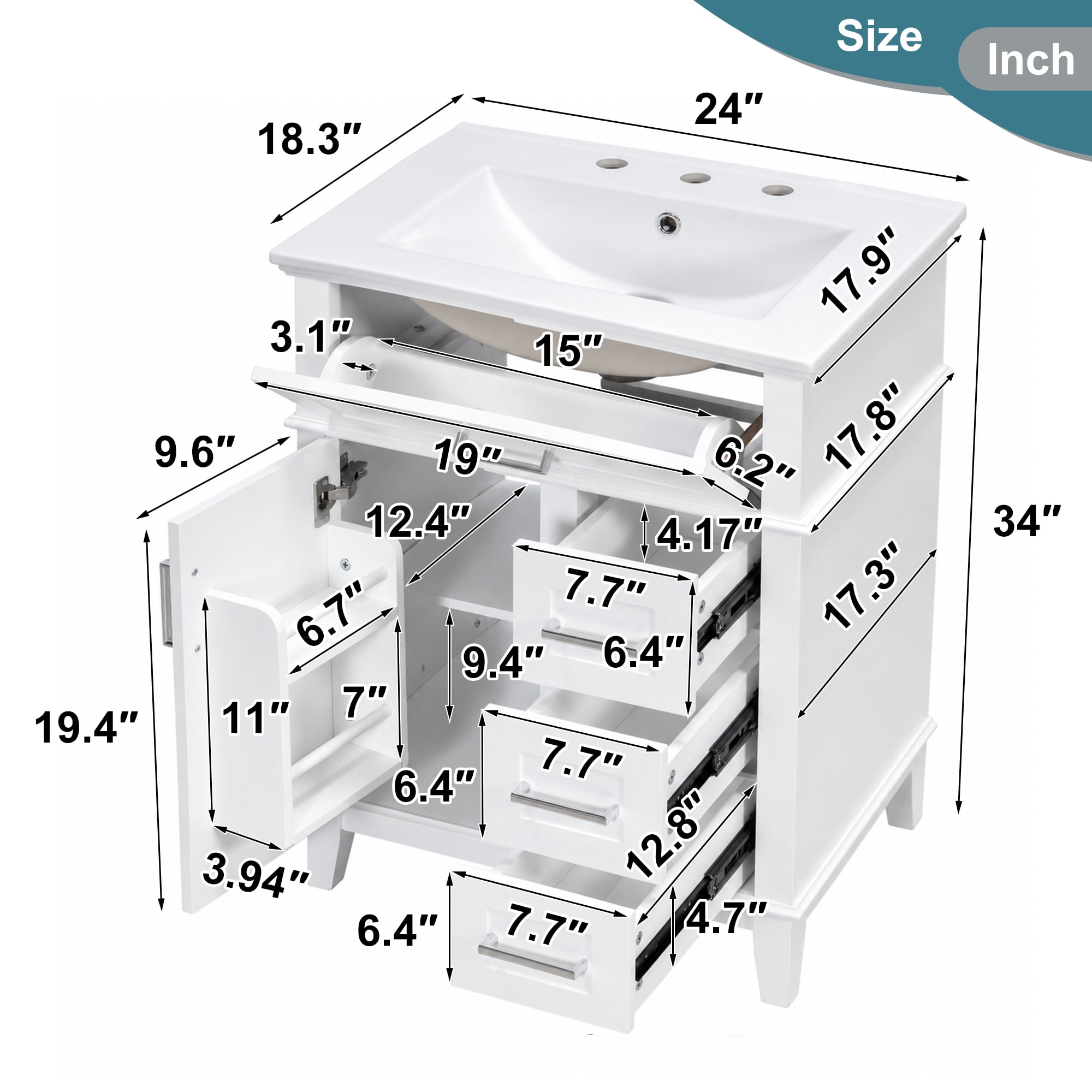 GARITIN 24 Inch Bathroom Vanity with Ceramic Sink, Solid Wood Frame & MDF Cabinet, 1 Door, Flip Drawer & 3 Drawers, Soft Close Hinges, Adjustable Shelf, White