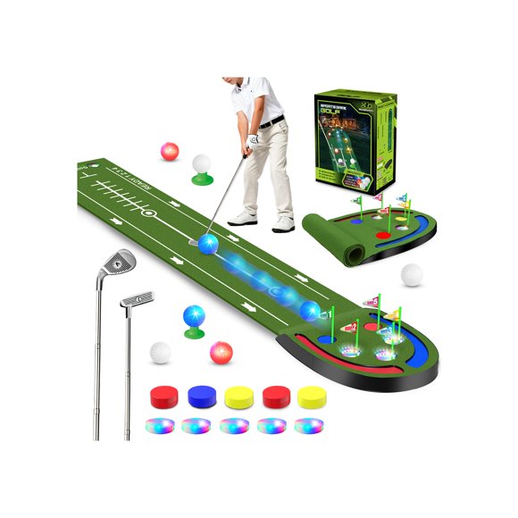 VATOS Golf Putting Mat Indoor for Kids - Golf Game Set with LED Balls, Glow Holes, Irons & Putters, Portable Putting Green Outdoor for Home Backyard Party, Golfs Toy