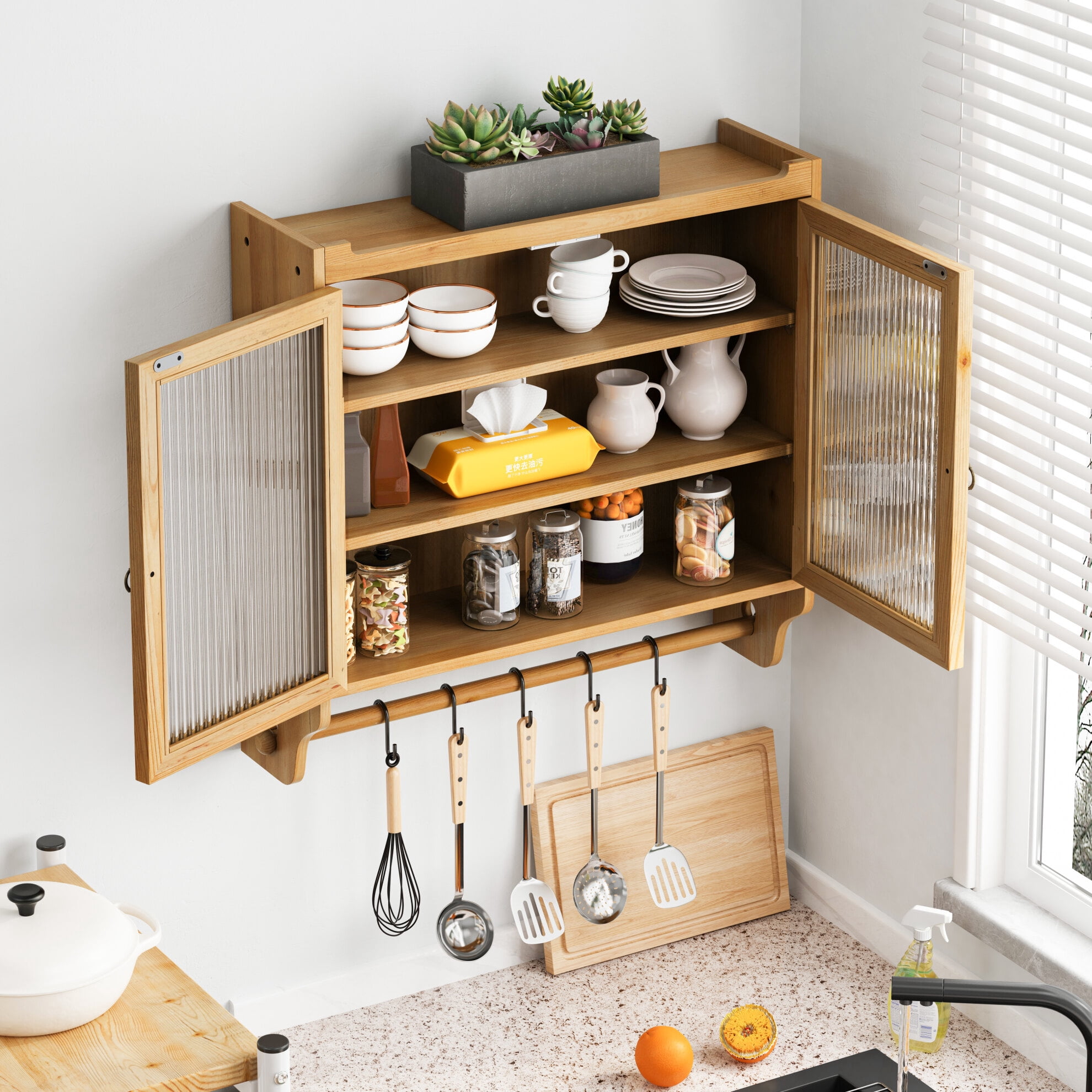 24.8" Glass Door Vintage Double Door Wall Cabinet with Three Tiers of Storage, Open Top Shelves and Towel Rack, Retro Wooden Wall-Hanging Cabinet for Bathroom, Kitchen, Dining Room, Natural