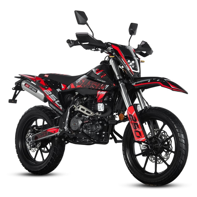 motocicleta doble propósito mb motos slash 250 gt line rojo 2026 3/4 frontal mostrando la MB MOTOS Slash 250 GT Line rojo 2026 con gráficos deportivos rojos y negros, motor 250 cc de 4 tiempos visible, faro Full LED, tablero digital, manubrio con protectores y espejos, suspensión reforzada y freno delantero de disco ventilado sobre fondo blanco; apropiada y a menudo usada para desplazamientos urbanos y salidas off-road cortas.