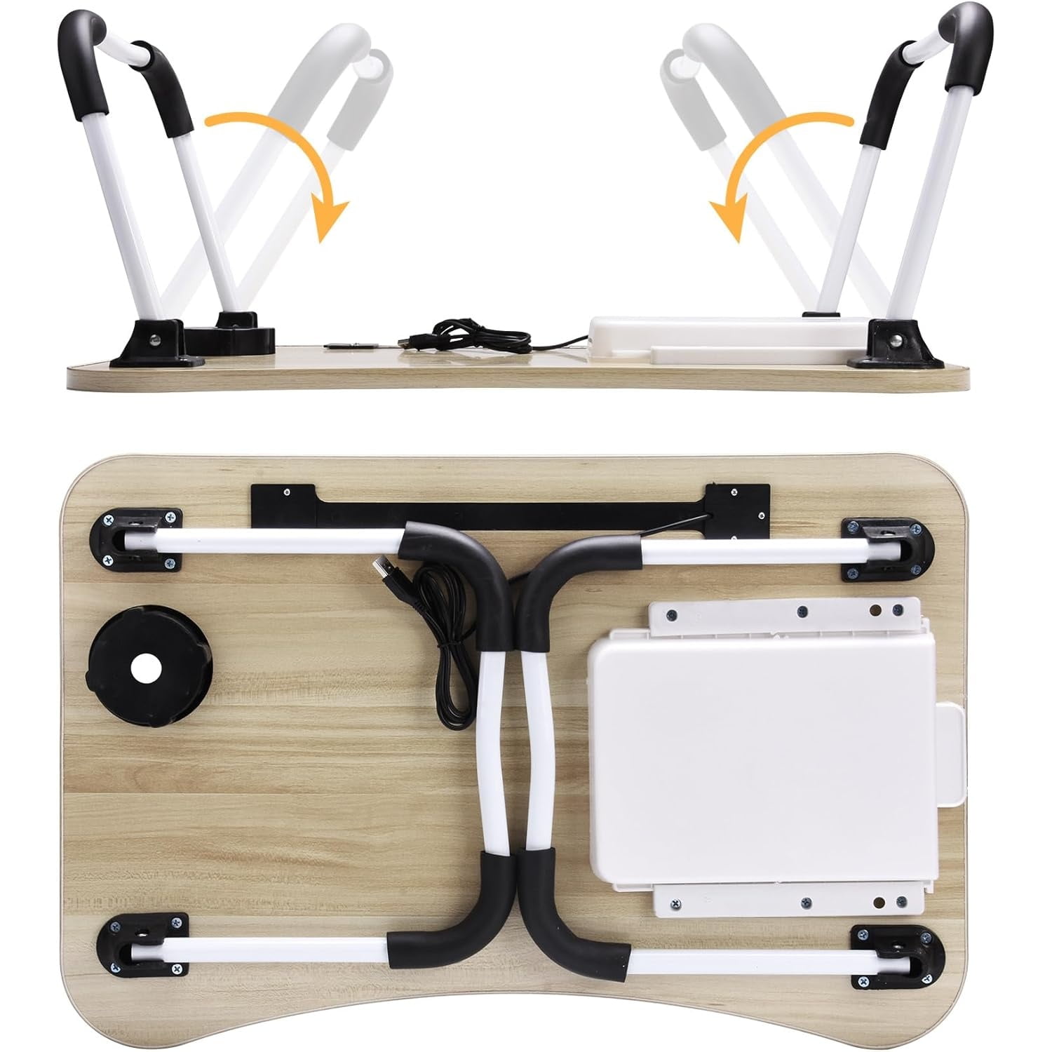 Lap Desk with Tablet Slot, Foldable Laptop Table with Storage Drawer,Portable Bed Desk for Laptop, Computer Tray with Cup Holder Notebook Stand Reading Holder for Couch Floor, White Maple