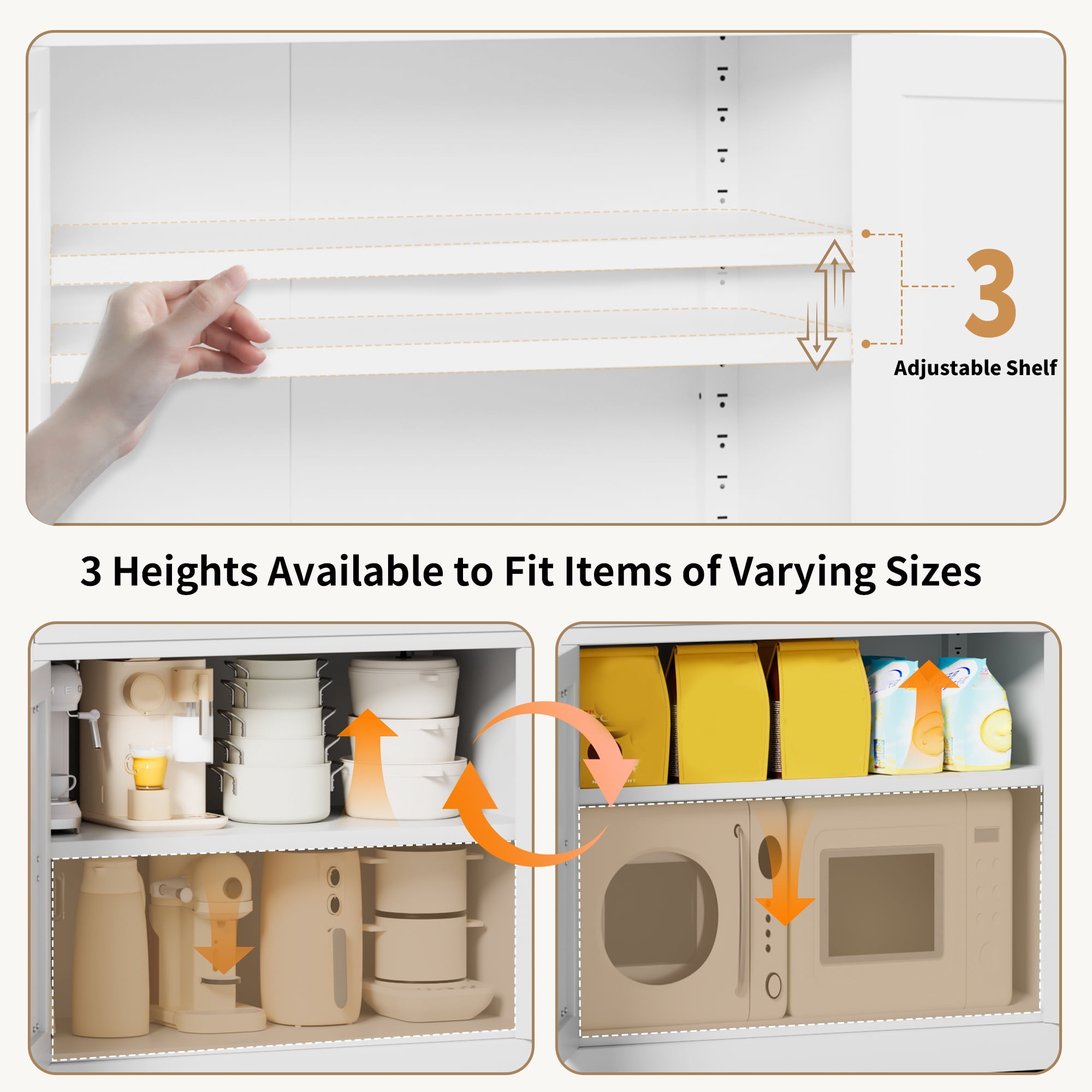 Freestanding Metal Kitchen Pantry Cabinet, 3 Adjustable Heavy‑Duty Storage Shelves (110lbs Each), Anti‑Tip Organizer for Kitchen Pantry Living Room Bathroom