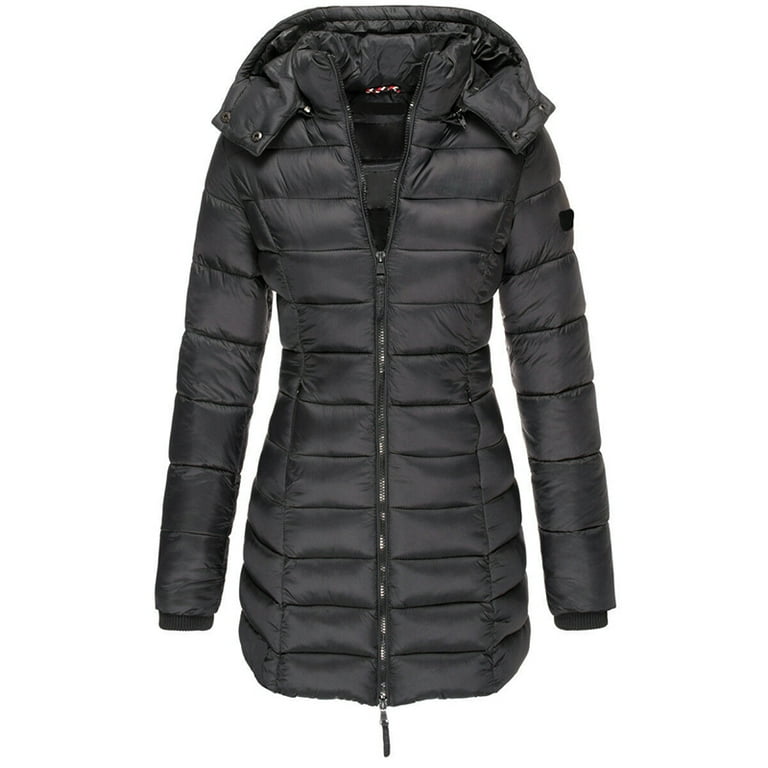 Cotton Thick Slim Style Jackets Detachable Hat Casual Down Jacket Women Quilted Lightweight Puffer Jacket L Black