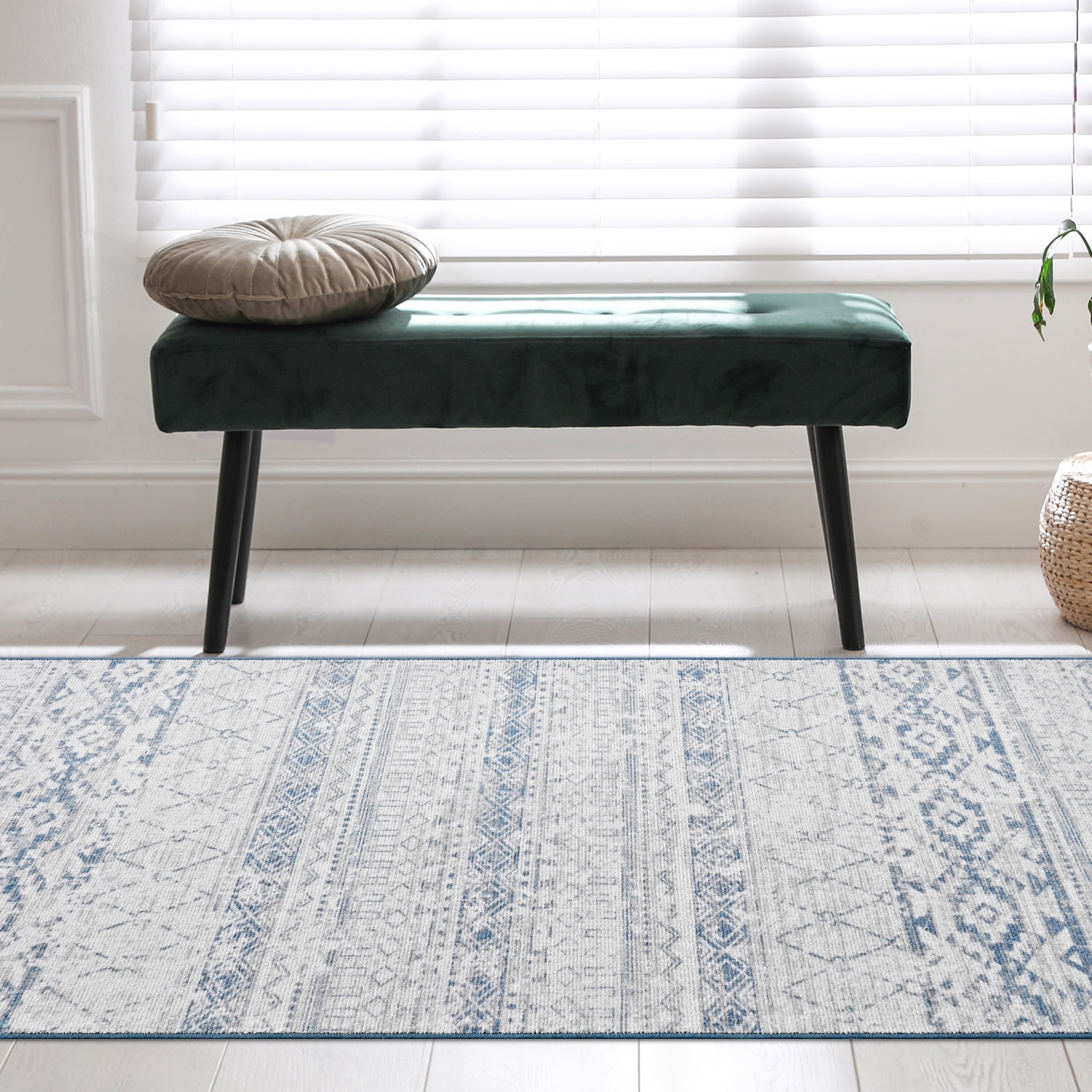 SIXHOME 2'x8' Runner Rugs for Hallway Washable Boho Soft Neutral Geometric Distressed Moroccan Rug Runner for Entryway Kitchen Laundry Room Bedroom Non Slip Rubber Backing Blue