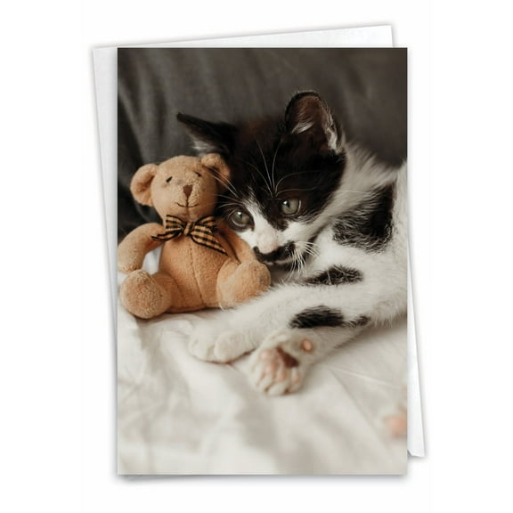 NobleWorks Miss You Paper Card with 5 x 7 Inch Envelope (1 Card) Thinking of You, Just Because Teddy Cat C2821CMYG