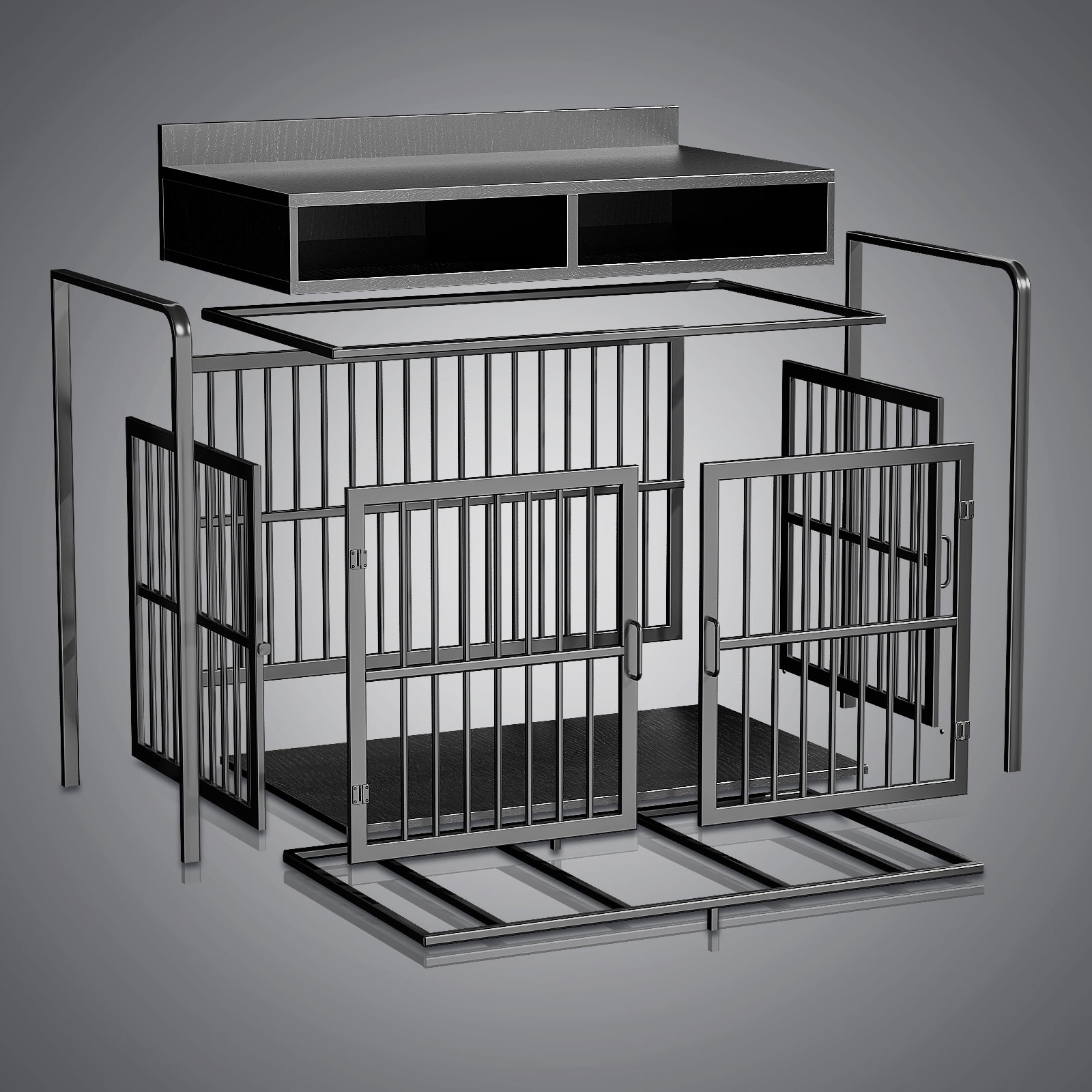 ModFurne Large Dog Crate Furniture with Drawers Storage, Puppy Dog Kennel Indoor with Double Doors, Black