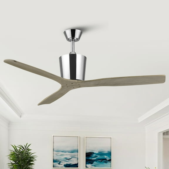 Parrot Uncle 54" Modern Chrome Propeller Solid Wood Blades Ceiling Fan without Lights, 5"/10" Downrods, Remote Control