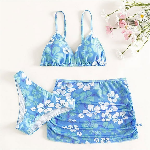 XIMIN Girls Summer 3 Piece Swimsuits Flower Print Bikini Tops Underpants Ruffles Skirt Bathing Suit Summer Beach Pool Swimwear Outfits (10-12 Years, Blue)