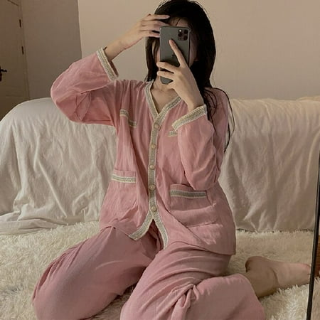 

DanceeMangoo New Arrivals Cotton Women Sleepwear Autumn Winter Buttons Long Sleeve Pajamas Set for Women Trousers Lace Sets Ladies Home Wear