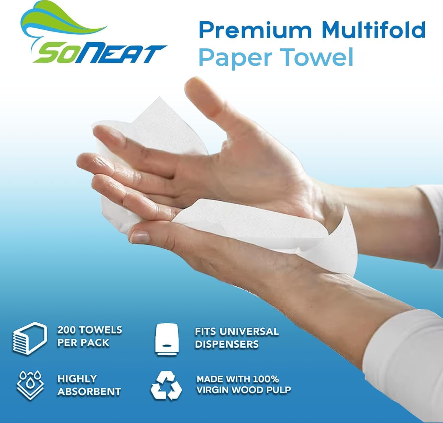 SoNeat Multifold Paper Towels, 3200 Sheets, 200 Count Per Pack Disposable Hand Towels for Bathroom, Commercial, Household, and Public Facilities, 100% Virgin Wood Pulp, 16 Packs