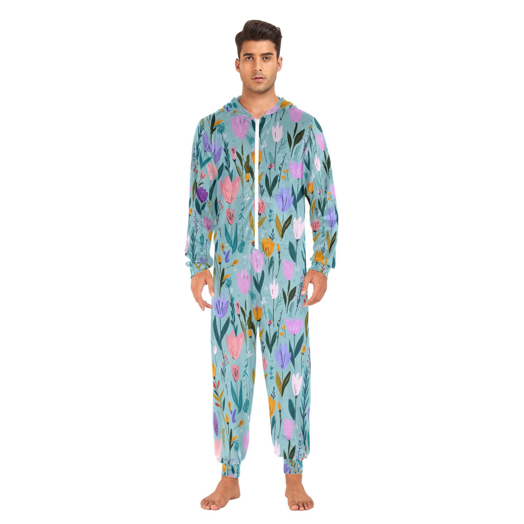 Adult Christmas Onesie Flowers Are Lovely Adult Zipper One-Piece Pajamas Unisex Pajamas with Pockets