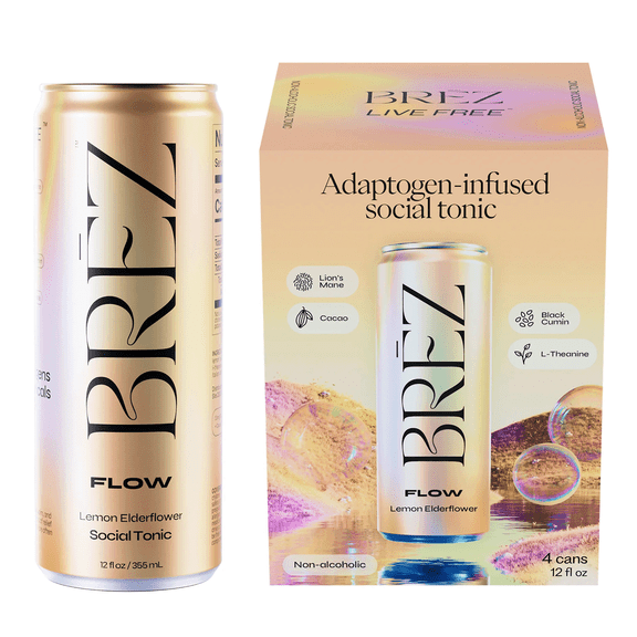 Brez FLOW Mood Boosting Alcohol Alternative with a Buzz - Sparkling Adaptogen Drink with Lion’s Mane Mushroom, Cacao, Black Seed, L-Theanine - Lemon Elderflower, Non Alcoholic, 12 fl oz, 4 Pack