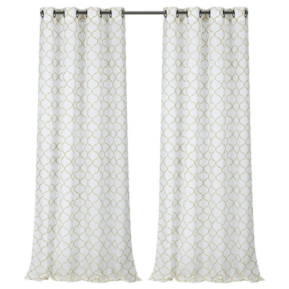 2 Pack Flocked Trellis Clover Semi Sheer Curtain Panels - Gold