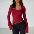 thumbnail image 2 of Lace Trim Square Neck Crop Tee for Women Long Bell Sleeve Slim Fitted T Shirts Sexy Stretchy Top Fairy Apparel, 2 of 8