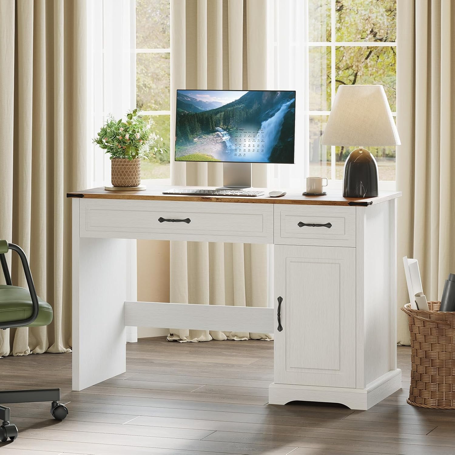 47" Farmhouse Executive Desk Computer Desks with Drawers and Cabinet Wood Workstation Computer Desks for Study and Home Office