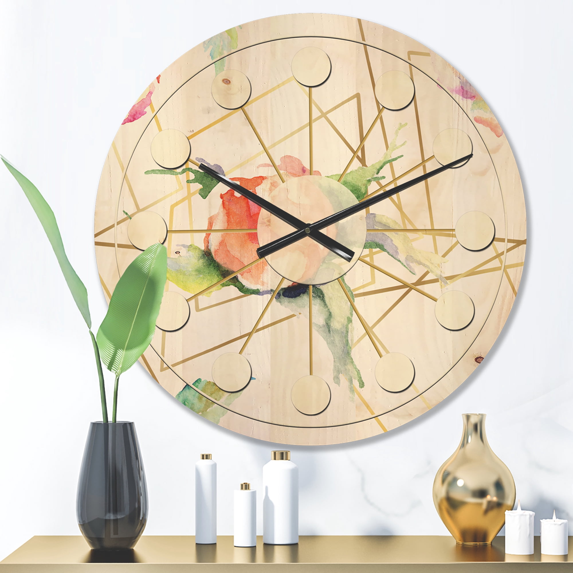 Designart 'Orange Rose Flower Retro Pattern on White' Mid-Century Modern Wood Wall Clock