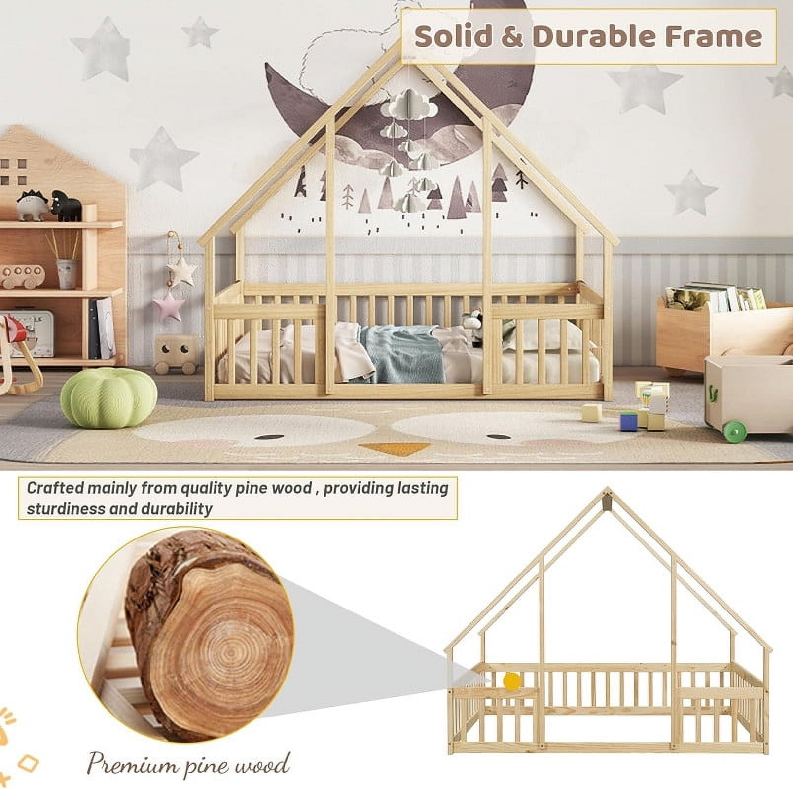 Duxelifin Twin Size House Floor Bed Frame with Triangular Roof and Fence Rails, Wooden Floor Bed Frame Girls,Boys, Montessori Floor Bed, Easy Assembly (Natural)