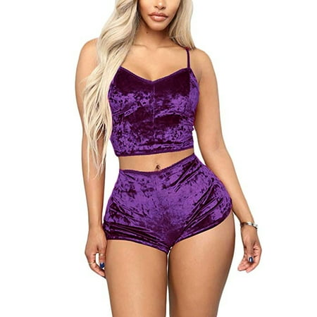

XIAXAIXU Womens 2Pcs Lingerie Velvet V Neck Pajamas Set Sleepwear Chemise Shorts Nightwear Purple S
