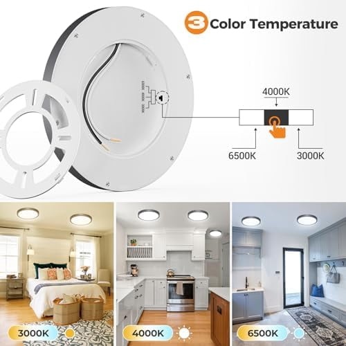 Ceiling Light, 3 Pc Led Flush Mount Ceiling Light Fixture, 9 Inch Light Fixture, 3-Color Round*, Kitchen Lighting Fixtures Ceiling, 9" Black 3Cct