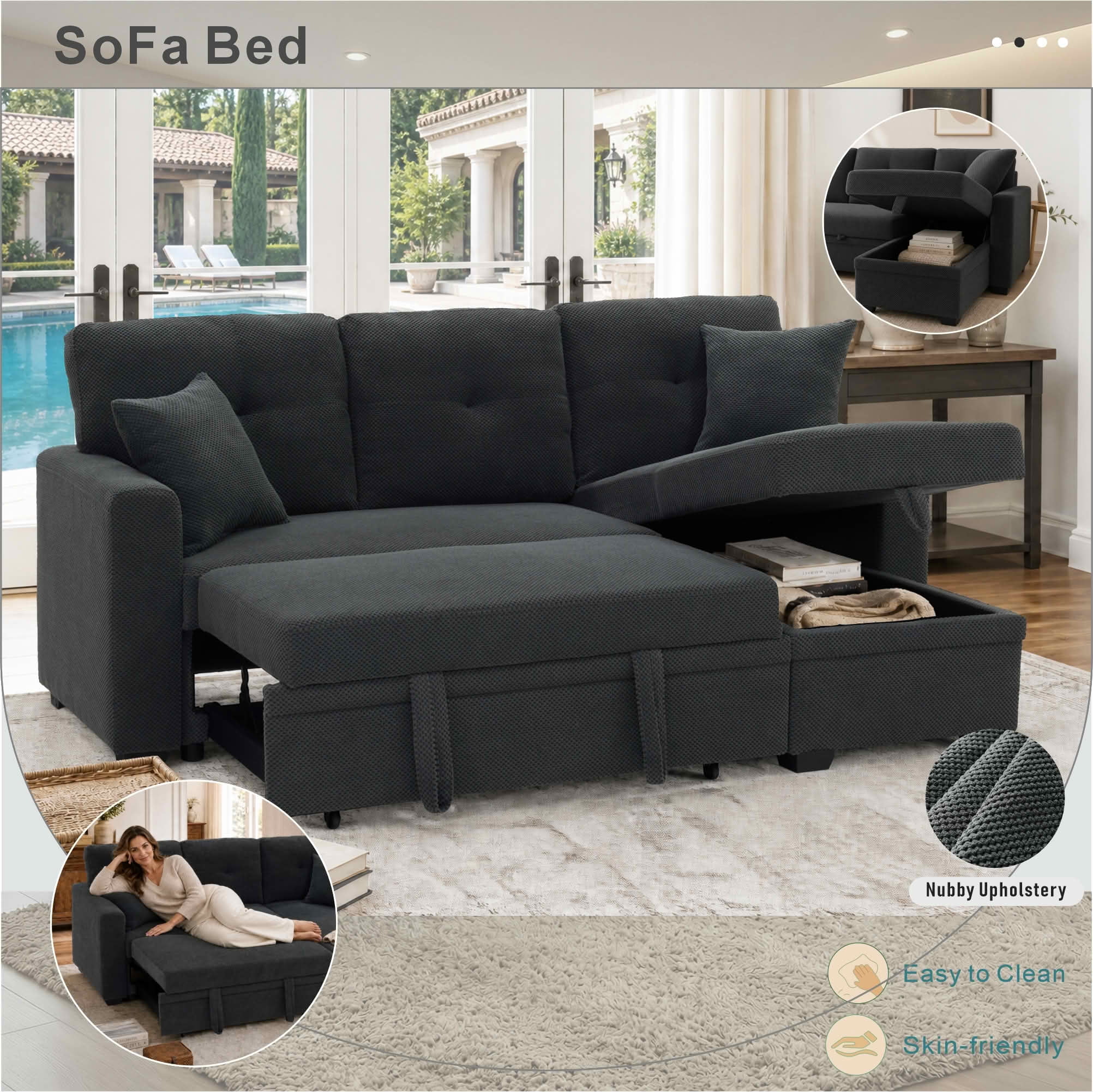 MAYEERTY L‑Shaped Sleeper Sectional Sofa, Convertible Pull‑Out Bed with Reversible Storage Chaise, Dark Gray Breathable Polyester Fabric for Small Living Spaces