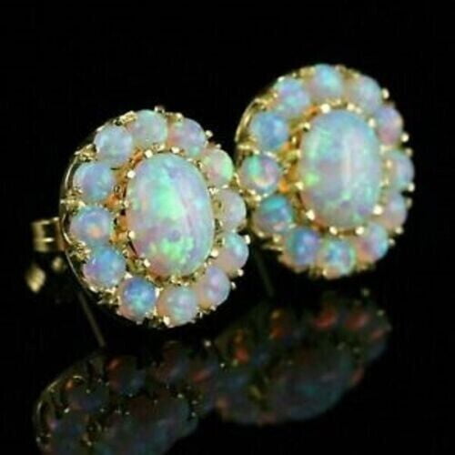 2Ct Oval Cut Simulated Fire Opal Flower Push Back Diamond Stud Earrings 14k Yellow Gold Plated 925 Sterling Silver