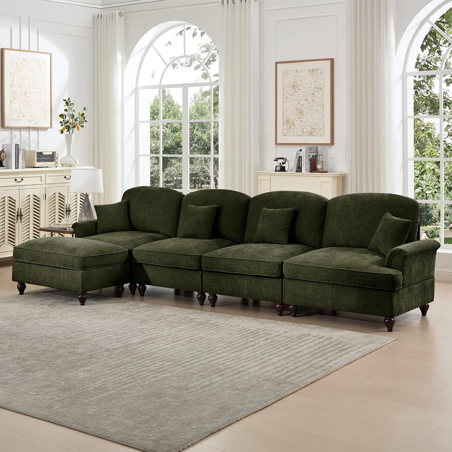 Chenille Sectional Sofa, L Shape 4 Seat Couch with Flared Arms & Removable Ruffles Pleats Skirts, Deep Seat Sofa for Living Room, Green
