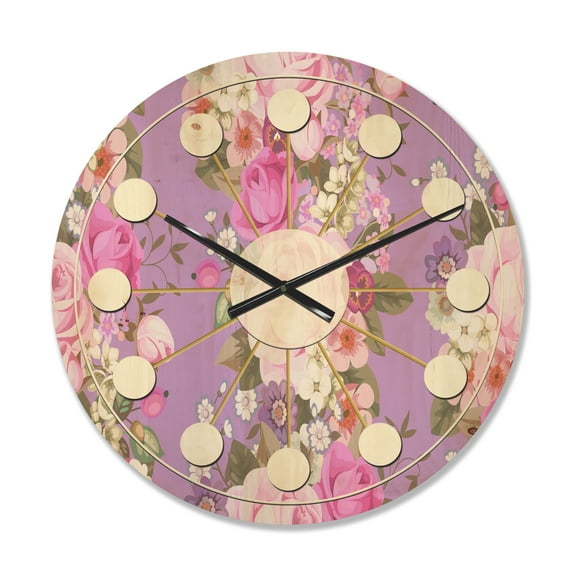 Designart 'Country Roses With Pattern' Mid-Century Modern Wood Wall Clock