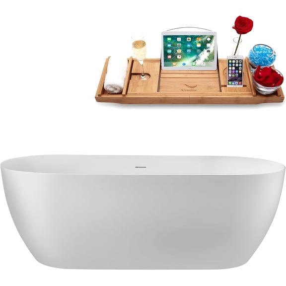 67" Streamline G-41-196-BNK Soaking Glossy White Freestanding Tub and Tray With Internal Drain in Brushed Nickel