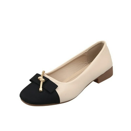 

Lovskoo 2024 Women s Ballerina Flats Round Toe Mary Small Leather Shoes Rough with Single Shoes Color Patchwork Bow Single Shoes Squares Toe Low Heels Soft Bottom Work Shoes Beige