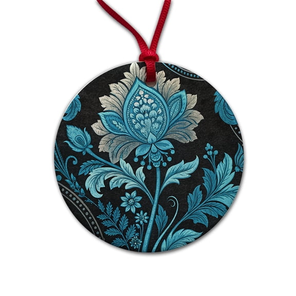 Blue Damask On Black Christmas Tree Holiday Round Ceramic Ornament