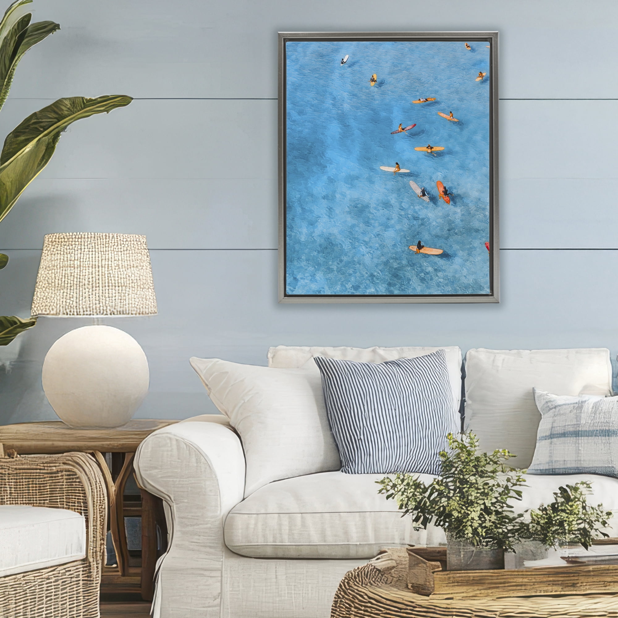 Stupell Industries Leisurely Surfers on Sea Gray Framed Floater Canvas Wall Art, design by Jesse Keith