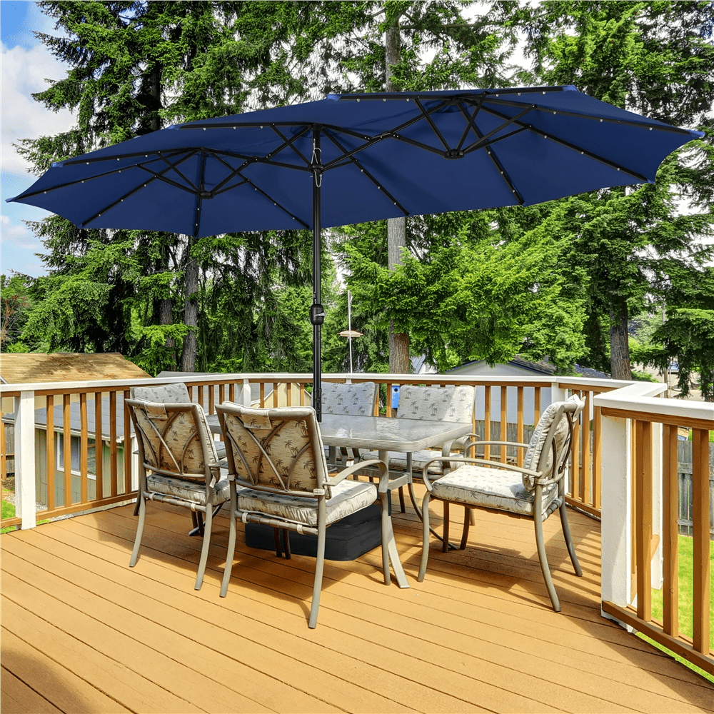 Alden Design 15 ft Triple-size Patio Parasol Umbrella 36 LED Lights Crank for Outdoor, Navy Blue