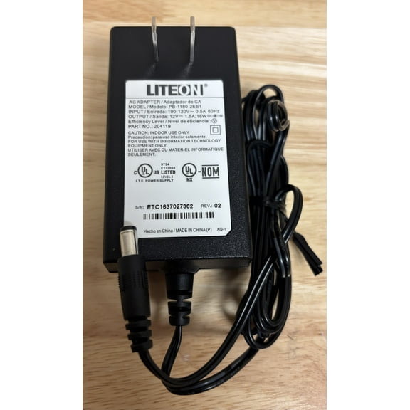 Liteon 12V 1.5 Amp Power Adapter 5 Ft Cord, Model PB-1180-2ES1