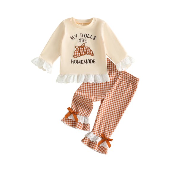 RUINIXCW Girl Fall Outfits Letter Embroidery Long Sleeve Tops Plaid Flare Pants