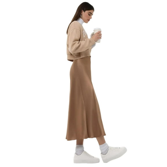 High-Waist Satin Midi Skirt