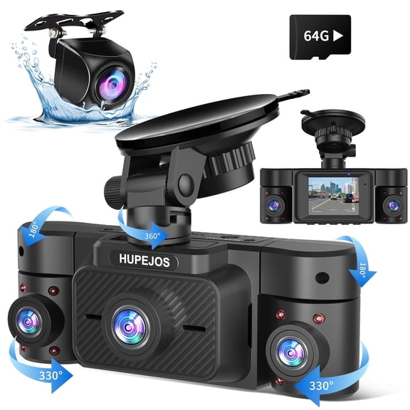 HUPEJOS Mini Dash Cam for Car, Dashcam Front and Rear Inside 64GB SD Card Included, 4-Channel 360° Car Camera, Voice Control, 8 IR Lamps Night Vision, WIFI & APP Supported, Parking Mode